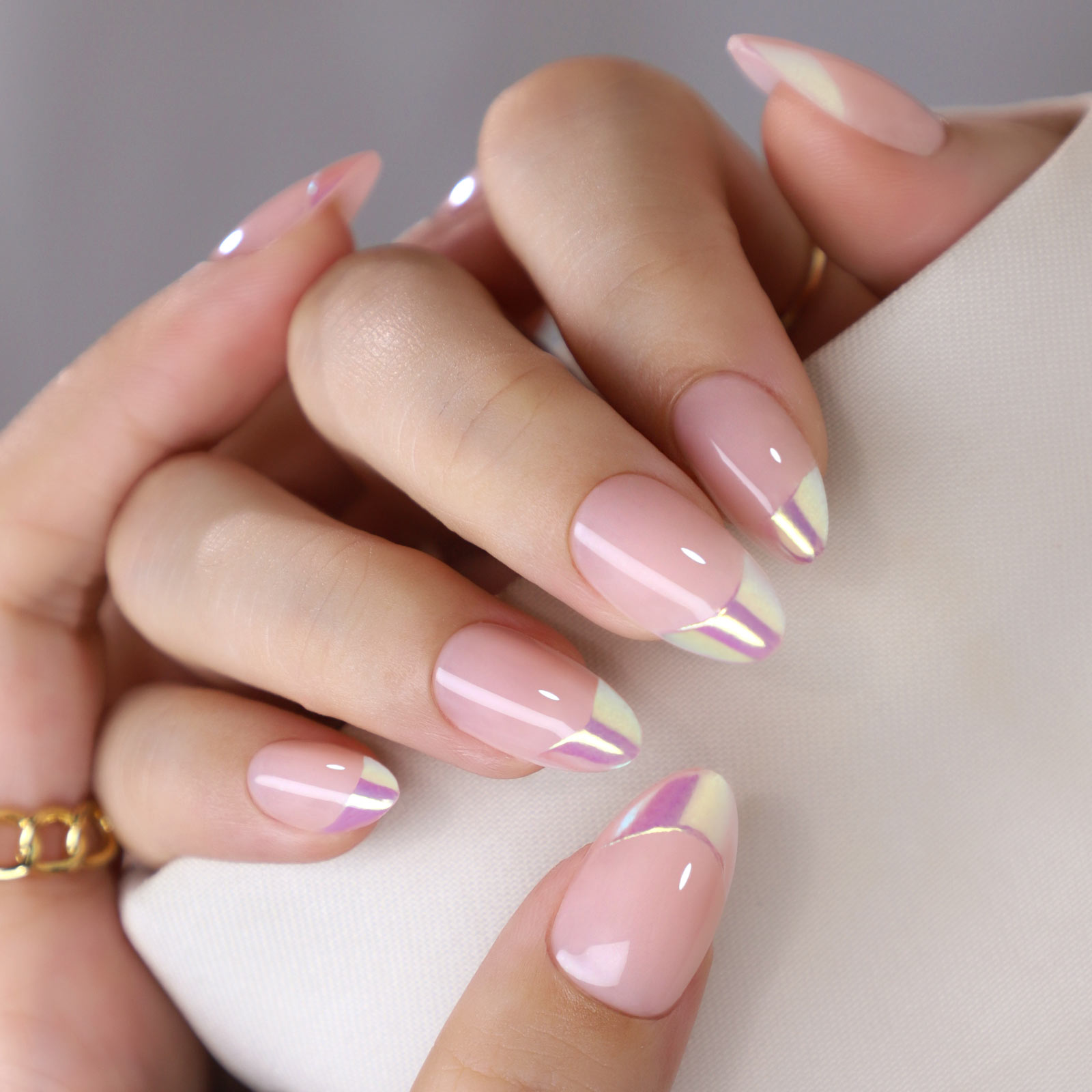 french tip nails 3D aurora Aurora purple shiny French edge mid length almond shaped Press On Nails, Convenient To Wear, fashionable and unique, suitab