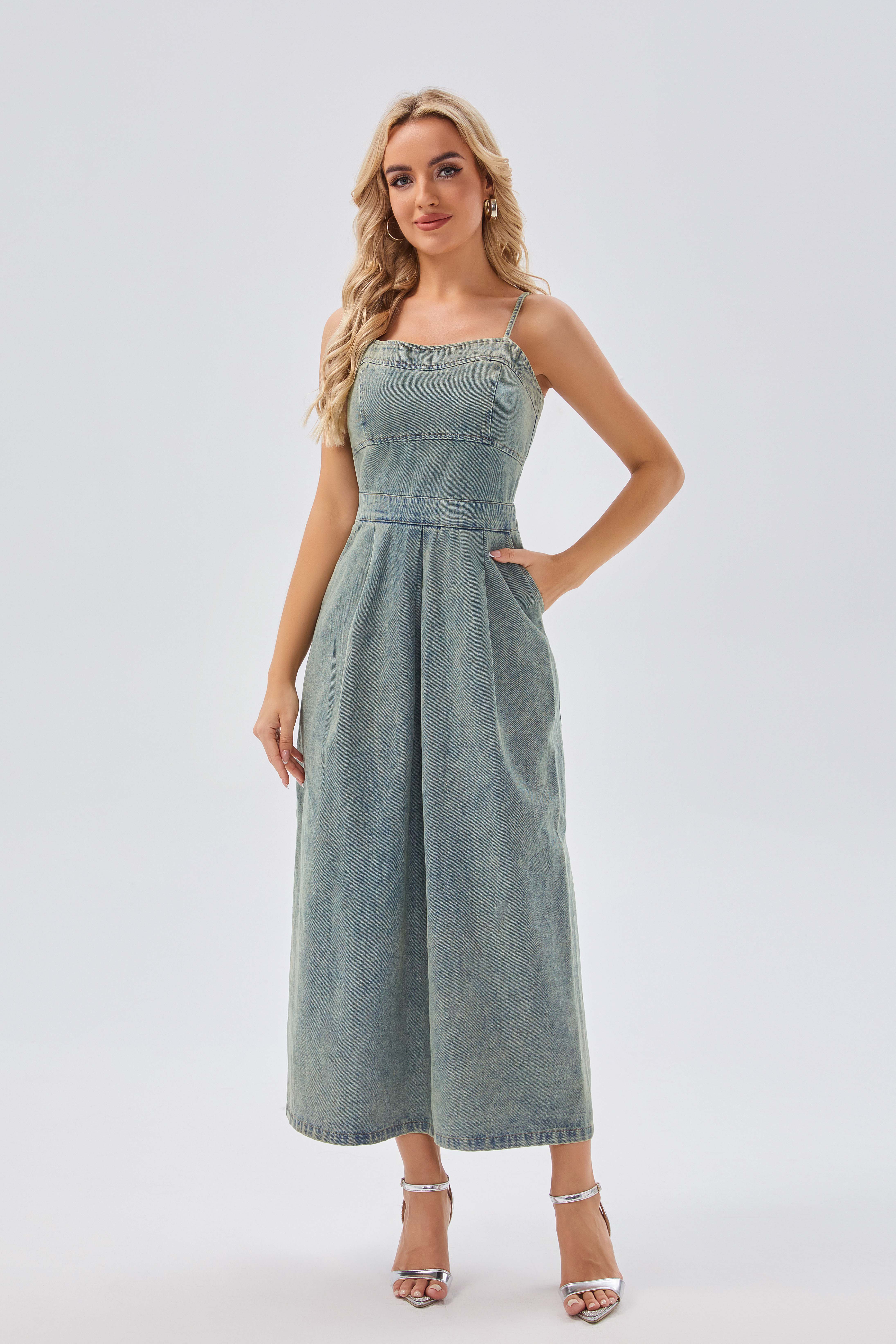Basic & Casual Dresses Women's Denim Strapless Jumpsuit - Stylish Wide - Leg Overall Dress for Summer and Casual Occasions