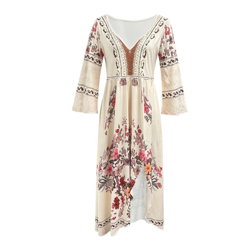 Women's Fall Bohemian Floral Print Long Sleeve Midi Dress - French Elegant Western Style Milk Silk Casual Loungewear Dress-CF52910
