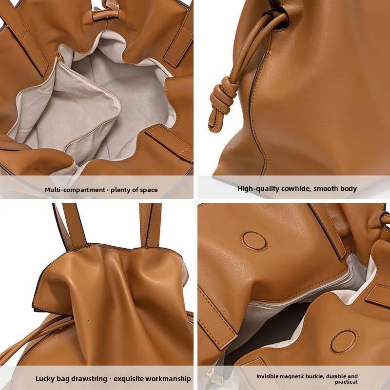 chongsukei New Korean Style Fashionable Cowhide Leather Bag Pleated Leather Womens Bag Simple Folding Shoulder Bag Drawstring Tote Bag