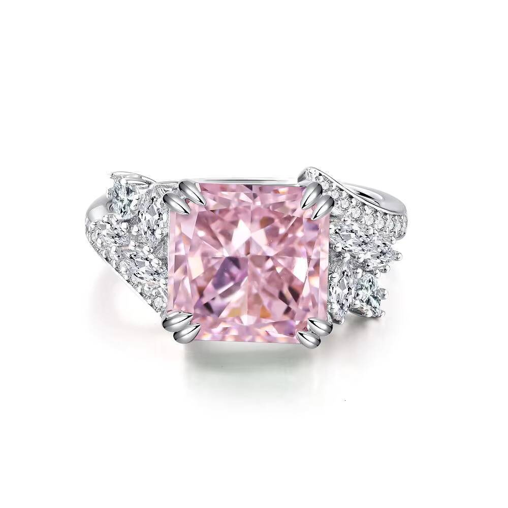 Wholesale S925 Sterling Silver Ice Flower Cut Ring for Women Radiant Pink Diamond Gemstone European American Style for Gift