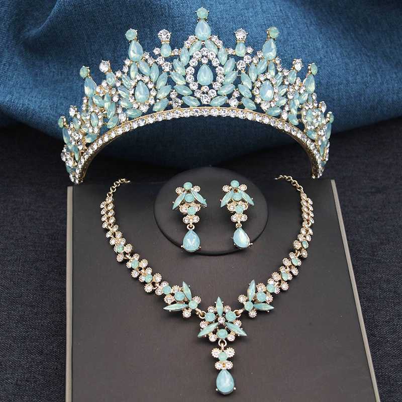 Opal Green Bridal Crown Jewelry Sets Tiaras and Earrings Neckle for Women Prom Bride Wedding Crown Headpiece L2509280LKV