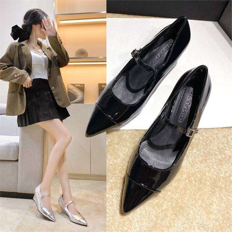 Pointed Toe Wedge One Strap Mary Jane Autumn Winter New Full Leather Solid Color High heel Shallow Mouth Designer Shoe Single Shoes for Women