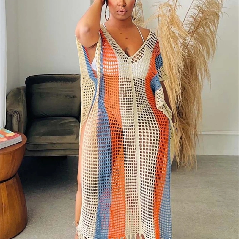 Rainbow crochet beach swimsuit womens sexy hollow knitted top short sleeved fringe swimsuit summer night club Vestido 250326