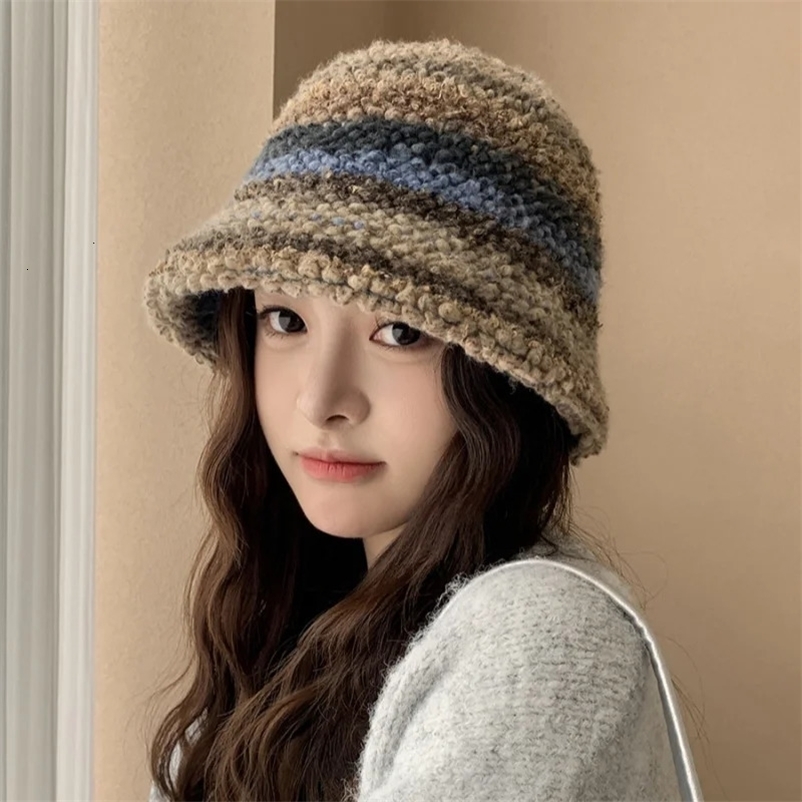 Colourful Knitted Hat Women Korea Autumn Winter Warm Dopamine Warm Fishermans Hat Star Model Thickened Bucket Hat 250115bj