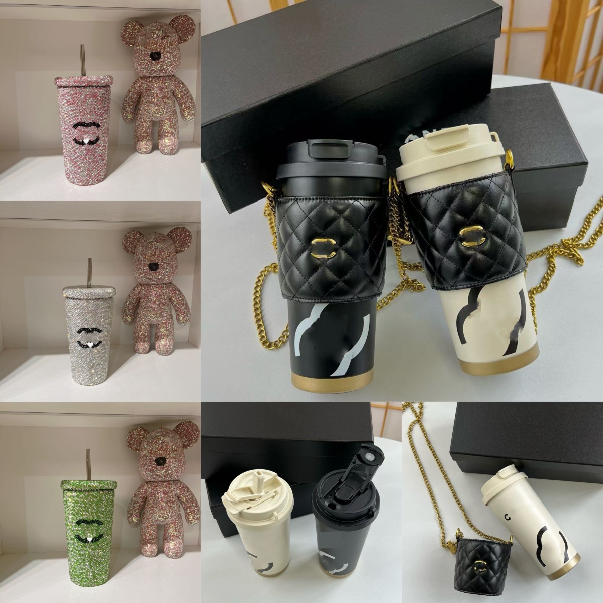 Water Bottle Full Diamond Straw Cup Classic Logo Printed Cold Drink Handy Cup Coffee Mug Student School Car Cup tumbler Gift Box