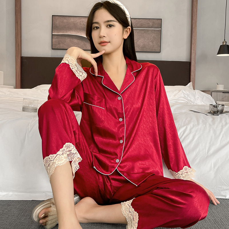 Herringbone Pattern New Womens Pajamas Spring and Autumn Thin Ice Silk Long Sleeve Highend Imitation Silk Homewear Plus Size Set 220827