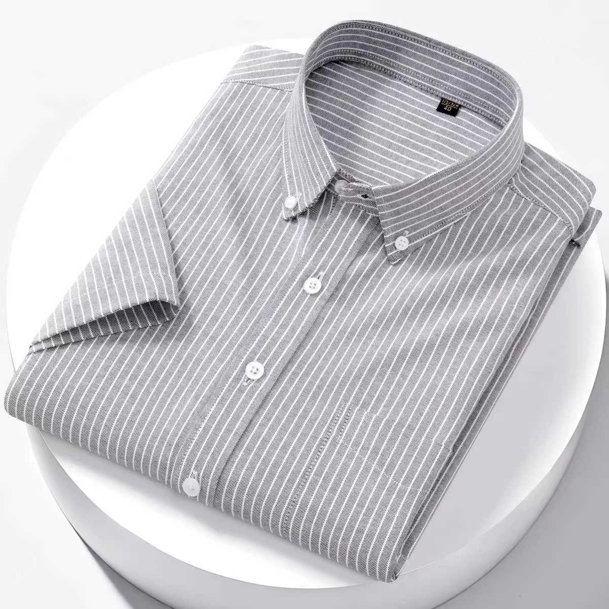 Luxury Mens Oxford Shirt 100 Cotton Short Sleeve Causal Stripe Solid Summer Basic Business Formal Social White Slim Fit Blouse27 D250929
