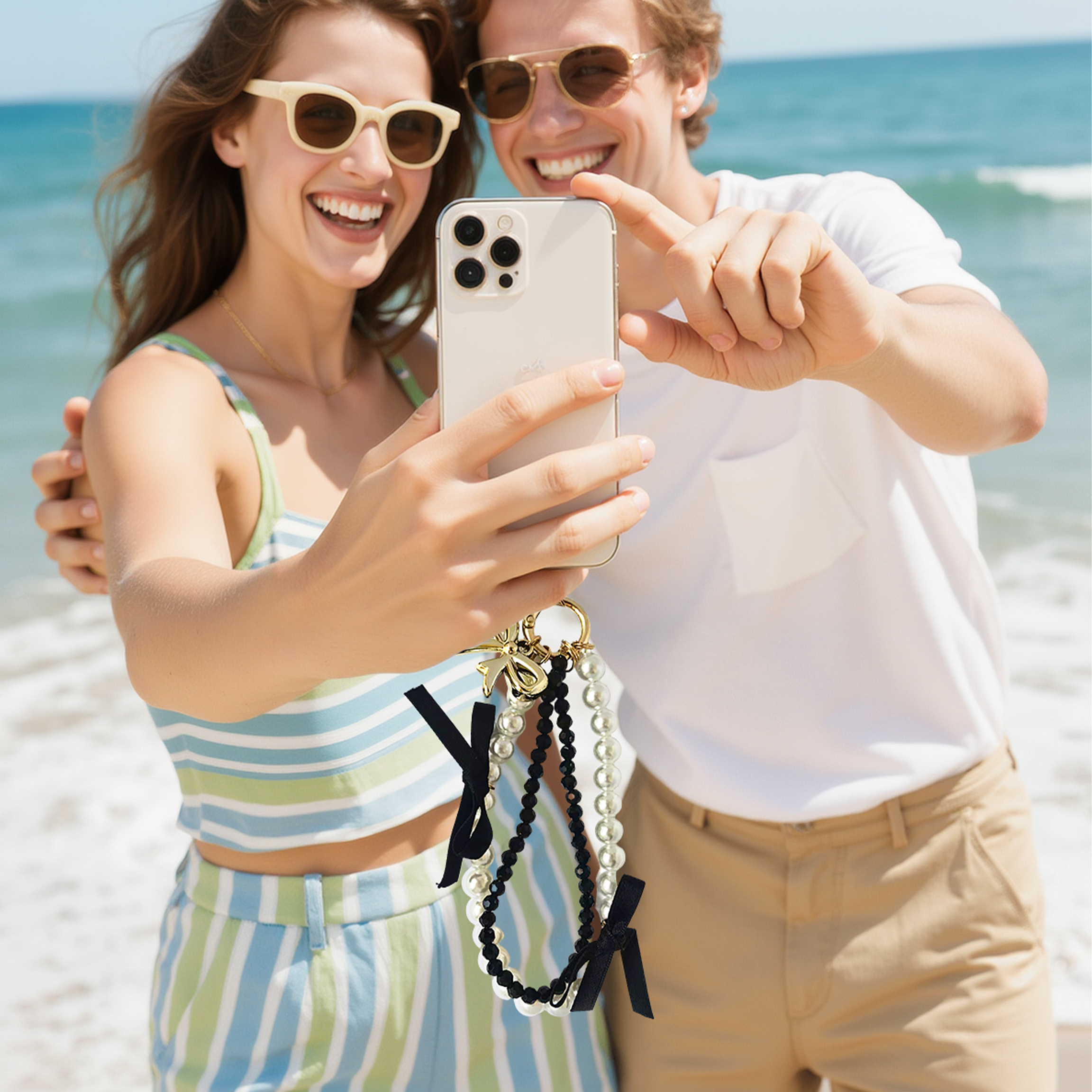 White pearl bracelet, black diamond bracelet, gold bow, black ribbon bow phone strap. Stylish pairing, creative design, anti-loss, easy to grab.