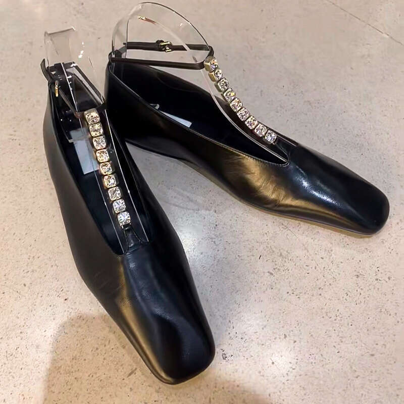 Genuine Leather French Style High-End Rhinestone T-Strap Square Toe Shallow Mouth Flat Mary Jane Shoes for Women Spring and Autumn