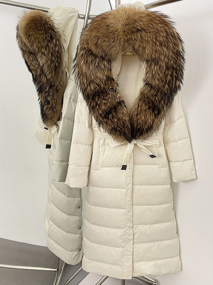 25 cross-border designer's new fox fur collar hooded down jacket for women, long style with tie up waist, slimming down puffer jacket women doudo
