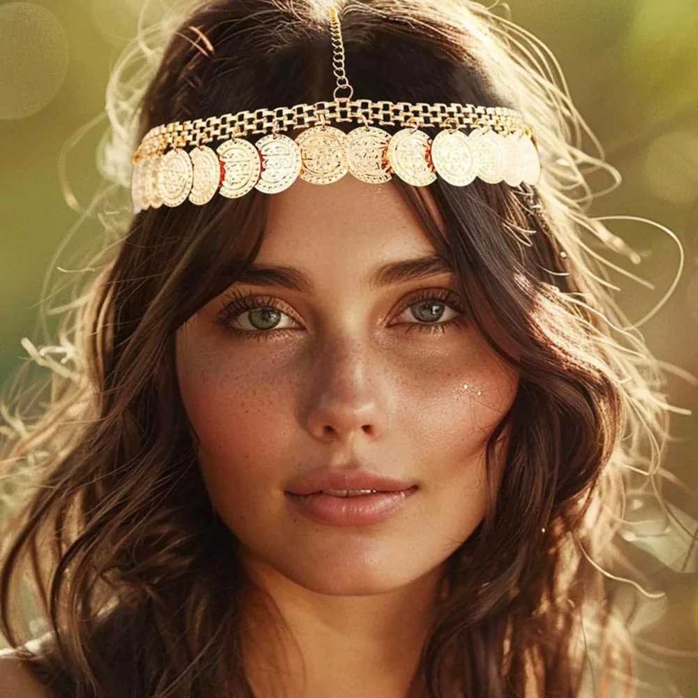 Indian Wedding Bride Headdress Trendy Gold Color Metal Coin Tassel Head Chain Headpiece For Women Holiday Hair cessories L2509283IGX