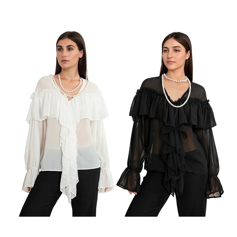 Elegant Womens VNeck Chiffon Blouse with Ruffles Long Sleeve Solid Color Loose Casual Top for Spring Streetwear Fashion 250617