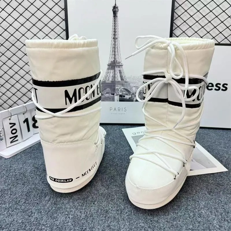 Fashion Moon Snow Boots New 2025 Winter Medium and High Tube Lace-up Cotton Shoes Non-slip Warm Ski Shoes