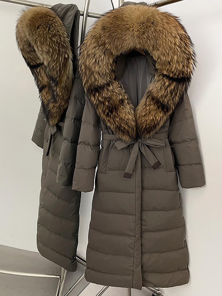 25 cross-border designer's new fox fur collar hooded down jacket for women, long style with tie up waist, slimming down puffer jacket women doudo