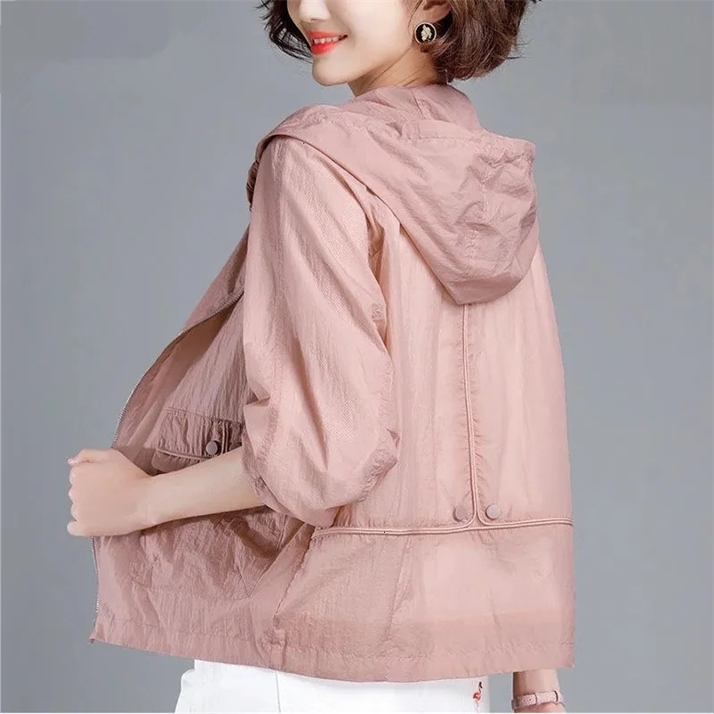 Summer Jacket Women Hooded Sun Protection Clothing Fashion Casual Zipper Thin Windbreaker Coat With Lined Tops 240110