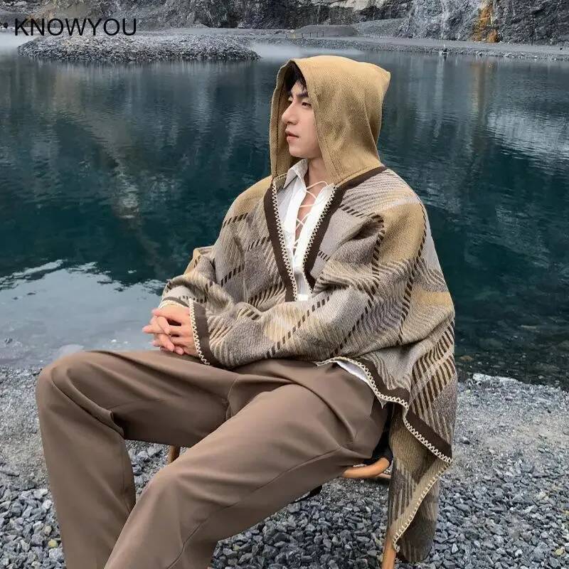 Men Poncho Winter Warm Shawl Thickening Blanket Scarf Male Cloak Cashmere Blend Pashmina Cape Stole Plaid Wraps