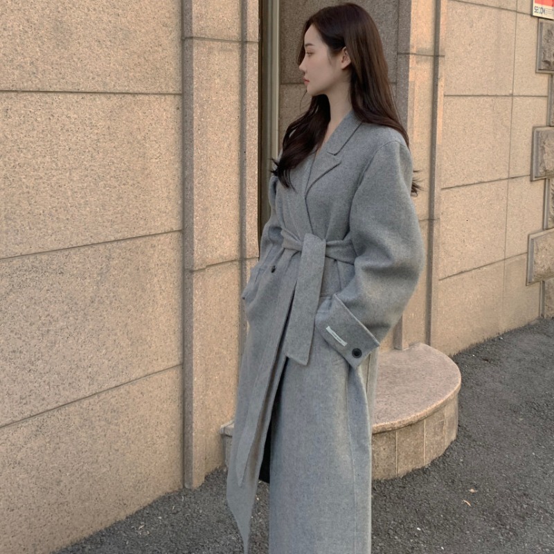 Korean Chic Style Herringbone Suit Collar LaceUp MidLength Woolen Coat Autumn Winter New Woolen Overcoat for Women 241202