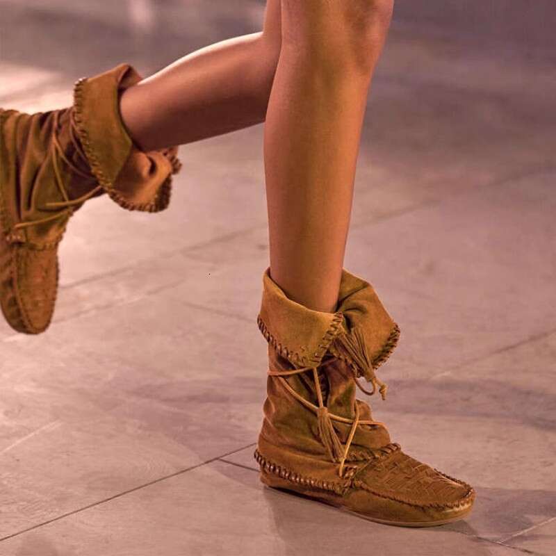 High-End 2025 Autumn Winter New Martin Round Toe Tassel Flat Lace-Up High Tube Riding Long Boots Versatile