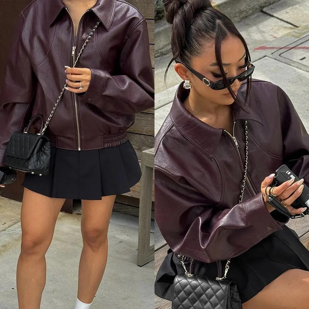 Ladies Chiffon Jackets: Women's Burgundy Cropped Faux Leather Jacket - Elegant Lapel V Neck Long Sleeve Pockets Short Coat Fashion C58