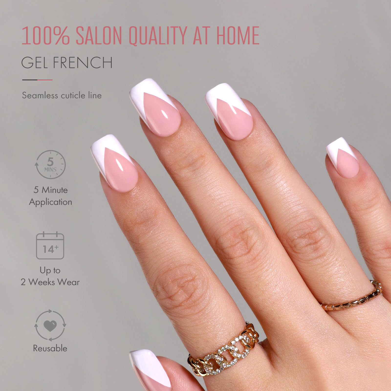 32Pcs Glossy Medium Square Press On Nails Pink French Style False Nails Artificial Finger Manicure Reusable False Nails