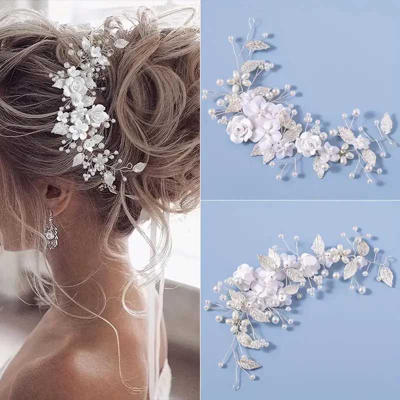 1 piece of white soft pottery flower bridal hair cessory gold silver alloy leaf bridal handmade headpiece L2509288WLF