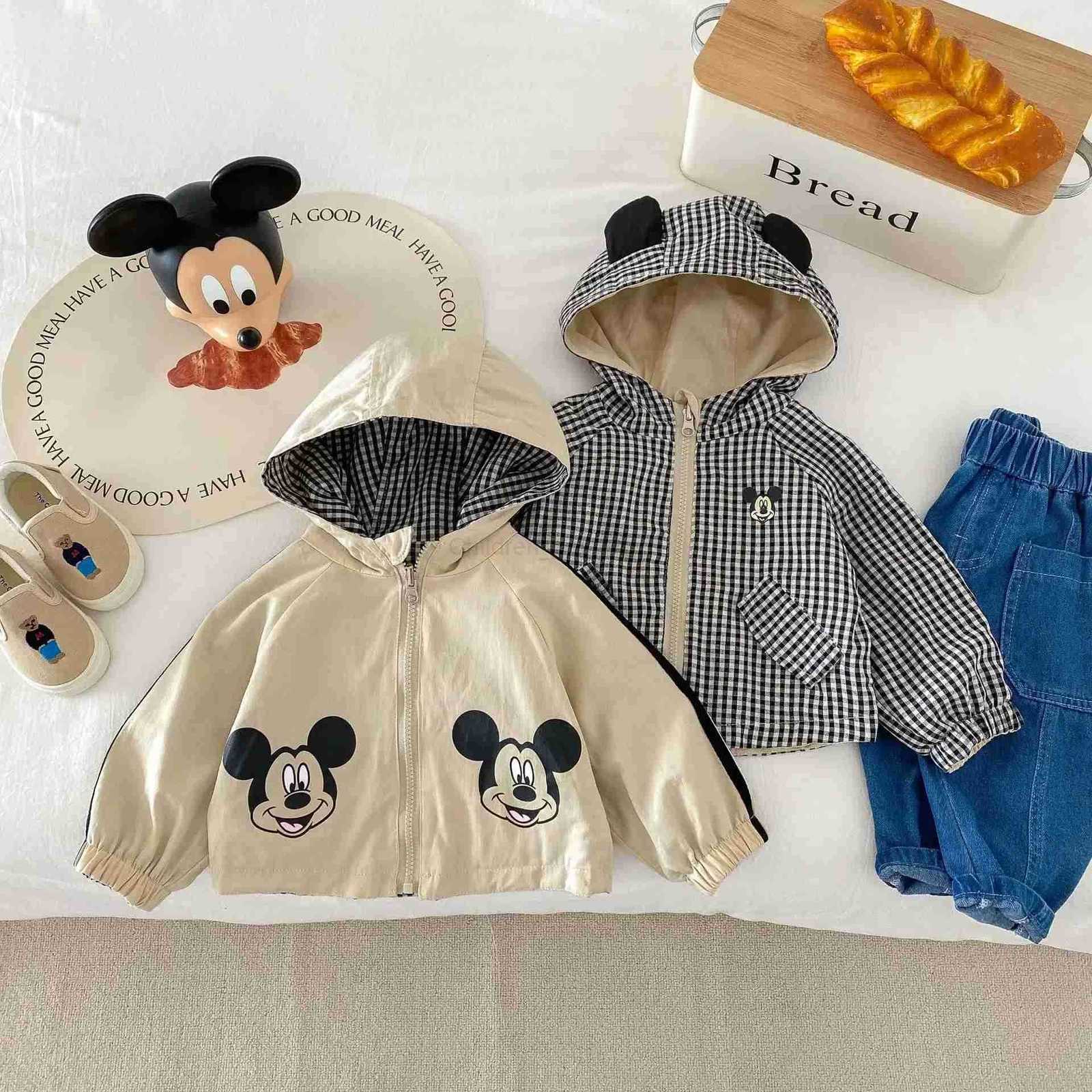 Disney Baby Girl Boy Mickey Mouse Double Sided Jacket 2025Spring Autumn Toddler Kid Cartoon Hooded Plaid Coat Children Casual Outerwear H250929