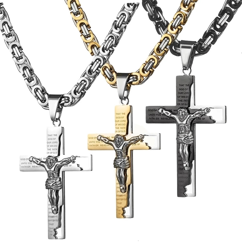 6mm Flat Byzantine Chain Necklace For Mens Neck Jewelry Stainless Steel Silver Gold Black Color Jesus Cross Pendant 250320bj