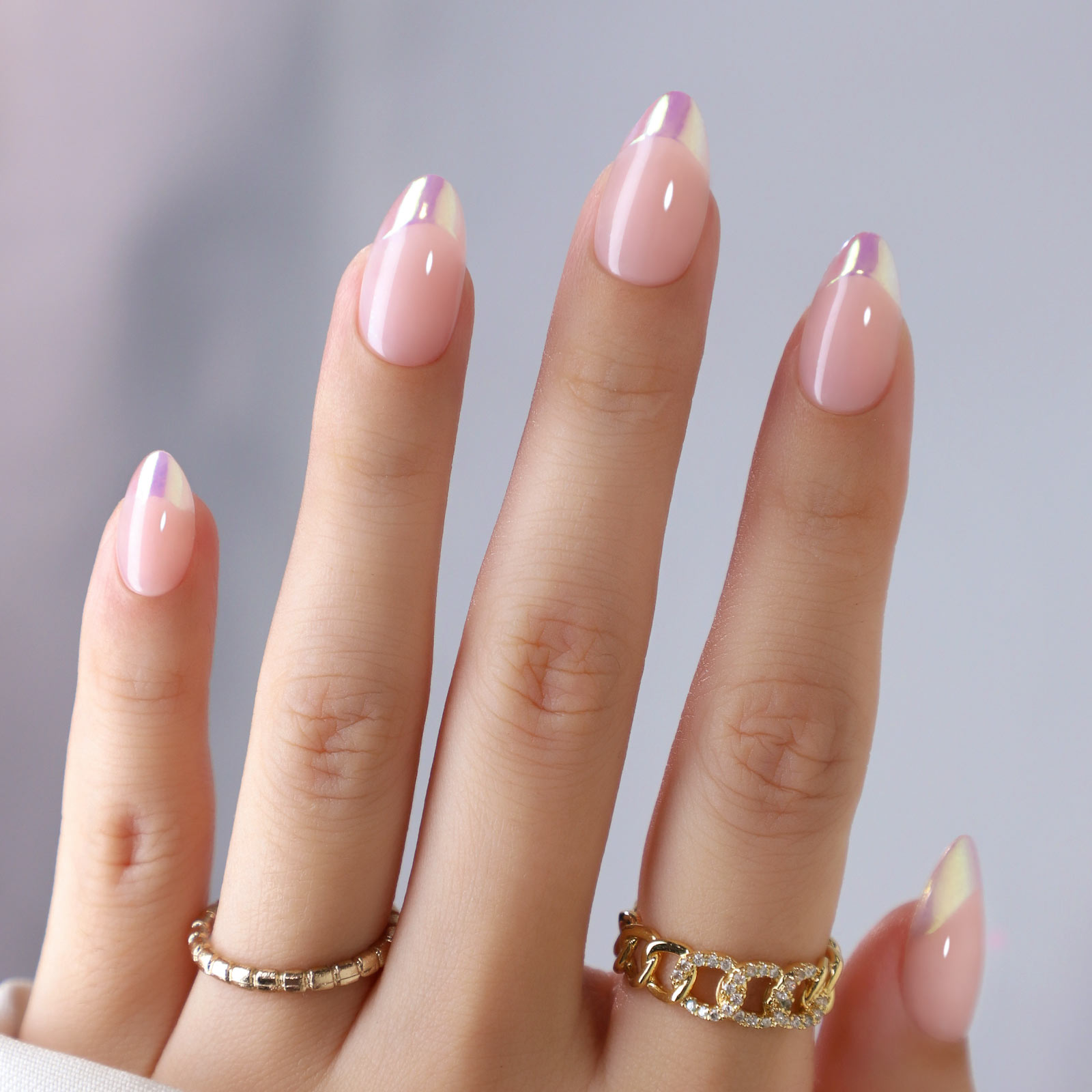 french tip nails 3D aurora Aurora purple shiny French edge mid length almond shaped Press On Nails, Convenient To Wear, fashionable and unique, suitab