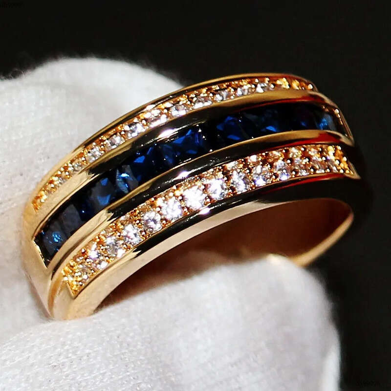 New Arrival Fashion Jewelry Handmade 10KT Yellow Gold Filled Princess Cut Blue Sapphire Party CZ Dia Men Wedding Band Finger Ring