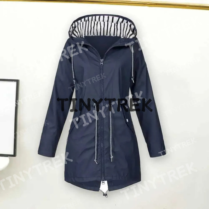 Stylish Womens Waterproof Rain Jacket Hood Drawstring Closure Spring Autumn Coat with Side Pockets Zipper Y240810