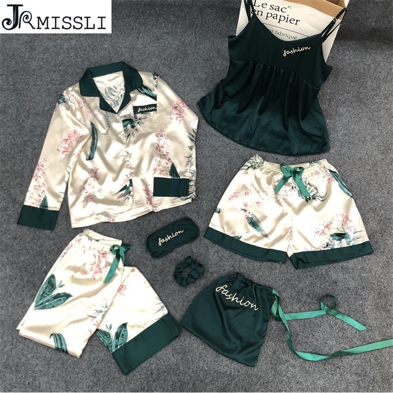JRMISSLI 7 Piece Silk Satin Pajamas femme Pyjamas Women Sleepwear Pijama Women Pajamas Suit Female Sexy lingerie home wear 201027wtt