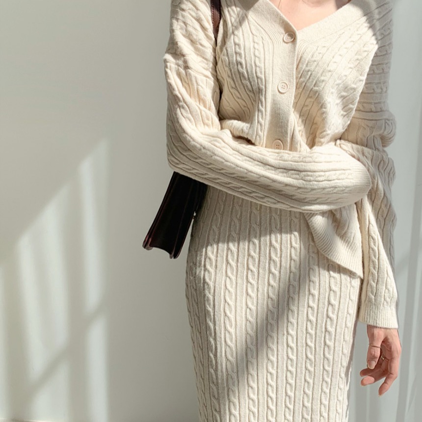 Autumn Winter Women's V-neck Linen Knitted Dress Sets Fashion Cardigan Sweater High Waist Wrap Hip Skirt Two Piece Sets R250930 - view 5