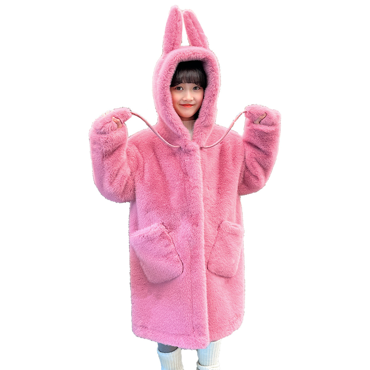 Kids Girls Winter Warm Faux Fur Jacket Imitation Mink Fur Coat Ears can stand upright Girls Warm Hooded Overcoat Thicken Outwear