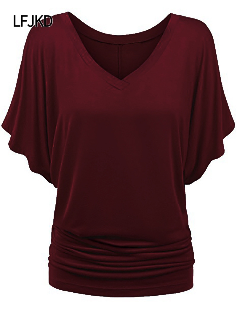 K2282 Batwing Sleeve T-shirt for women, large size, loose V-neck short-sleeved top, popular across the border, comfortable and breathable, multiple si