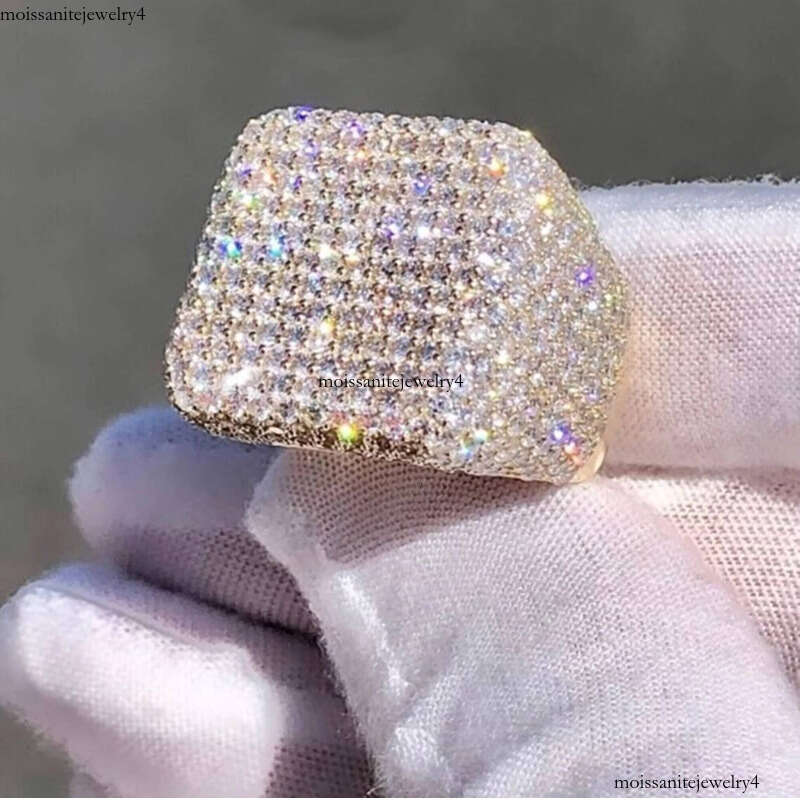 Men's Style Signet 14k Iced Bright Round Cut Lab-Grown Hip-Hop Jewelry Rapper Pinky Ring