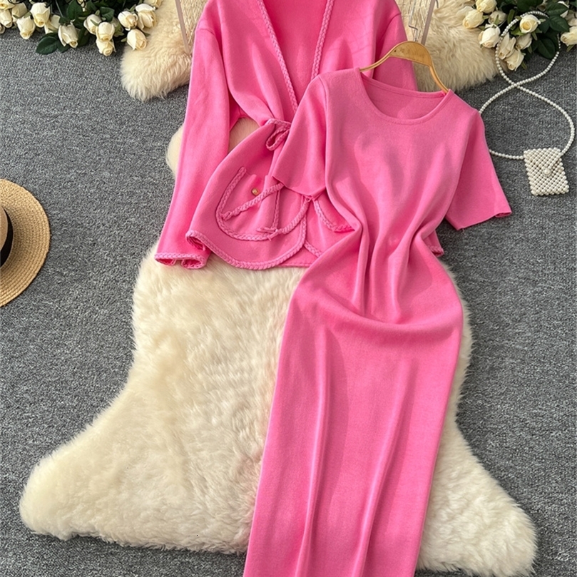 SINGREINY Office Ladies Autumn Knit Suits Long Sleeves Lace Up CardiganO Neck High Elastic Slim Fit Dress Senior Solid Sets 250818wtt