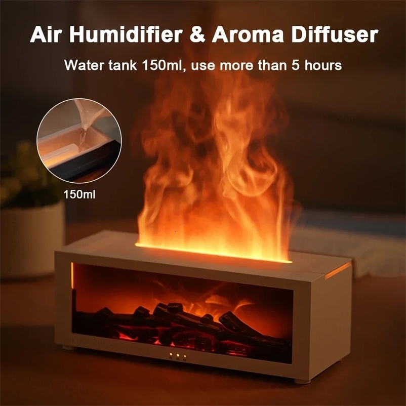 Air Humidifier Flame Fireplace Aromatherapy Machine Desktop Air Diffuser Essential Oil with Timed Colorful Light Remote Control 250610bj