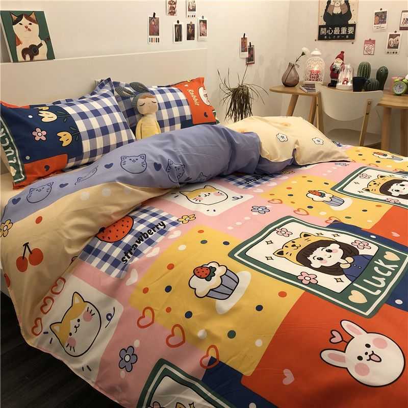 Ins Style Bear Washed Cotton Duvet Cover & Bed Sheets Cartoon Design for Student Dormitory - 3-Piece Simple Four-Piece Bedroom Linen Set W260302