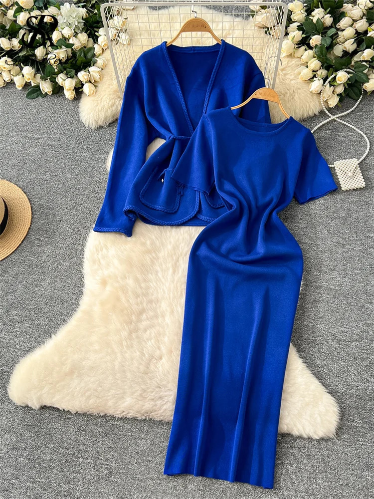 SINGREINY Office Ladies Autumn Knit Suits Long Sleeves Lace Up CardiganO Neck High Elastic Slim Fit Dress Senior Solid Sets 250818wtt