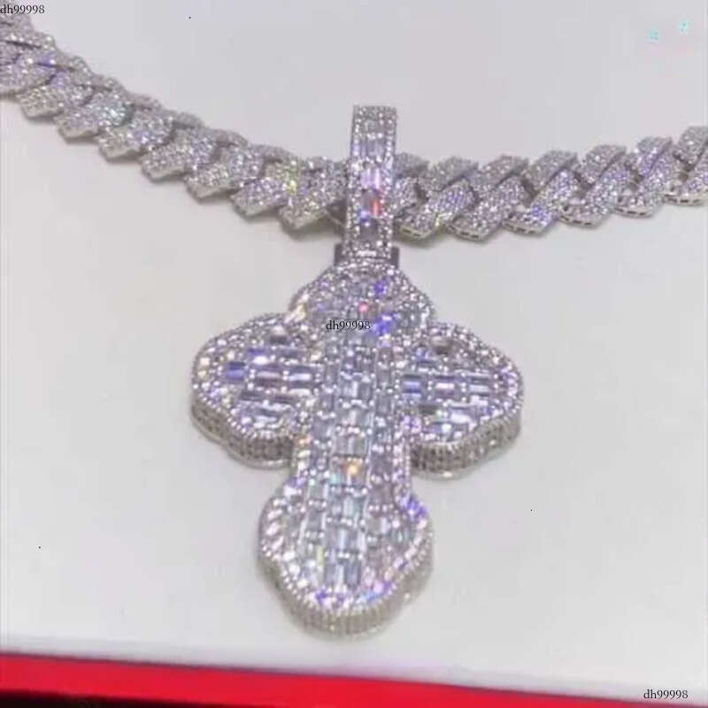 Hip Hop Cross Charm Baguette Cut VVS S Moissanite Cuban Chain With Pendant
