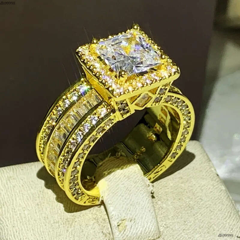 Rulalei Sparkling Jewelry Sterling Sier&Gold Fill Princess Cut White Topaz CZ Dia Gemstones Women Wedding Band Ring Gift