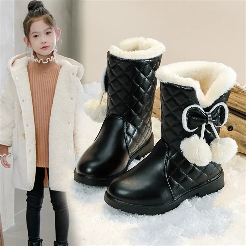 Girls Warm Boots with Bow Kids Snow Boots with Fur Plush 2024 Winter Fashion Children Princess Boots Waterproof Platform 241224bj