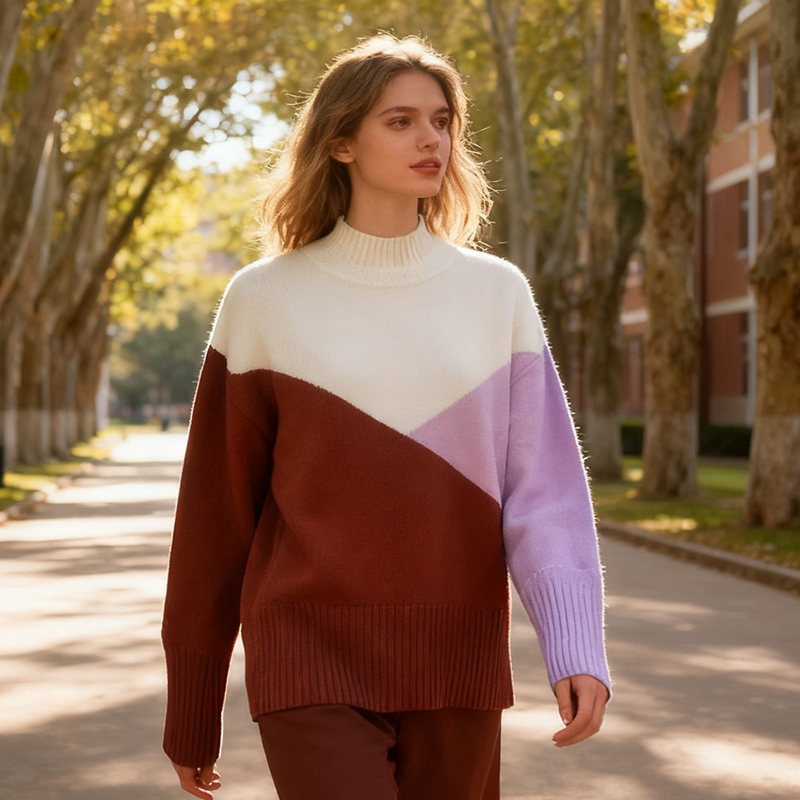 Women's Blouses & Shirts Women's Color Block Turtleneck Sweater - Loose Fit Knit Pullover with White, Rust & Lavender Panels AS24-0225