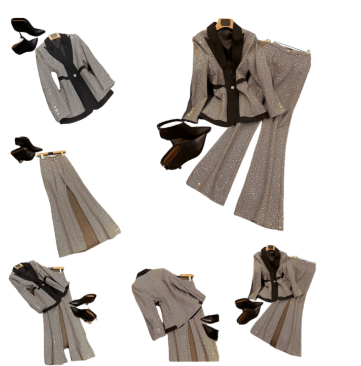 Women's Two Piece Pants Xgoth High End Slim Sequins Luxurious Design Professional Outfits Suit Waist Flare Suits Women Clothing Set