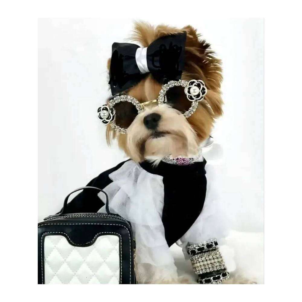 Coco Tweed Dog Sunglasses,Pet Sunglasses with Sparkling Rhinestones & Camellia Flower,Fit Tiny Puppy-Chic Outdoor Accessory
