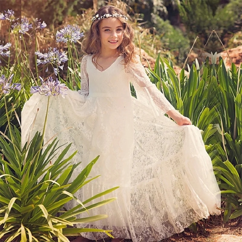 Princess Girls Lace Chiffon Long Dresses Kids Flower Girl Wedding Dress Summer Boho Birthday Party Wedding Dress For 2-14 Years 250421bj