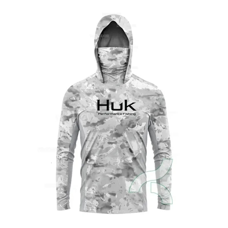 HUK Fishing Shirt Long Sleeve AntiUV Fishing Hooded Shirts With Face Mask Fish Clothing Outdoor Sun Protection Tshirts UPF 50 250929