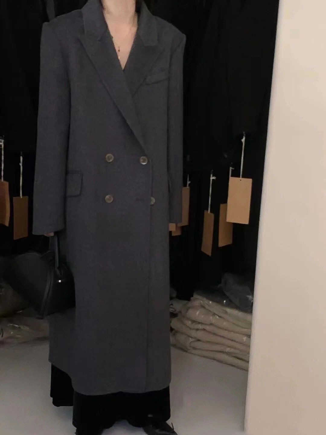 High-end relaxed style double-breasted suit, vintage wool coat, rare French mid-length women's outerwear