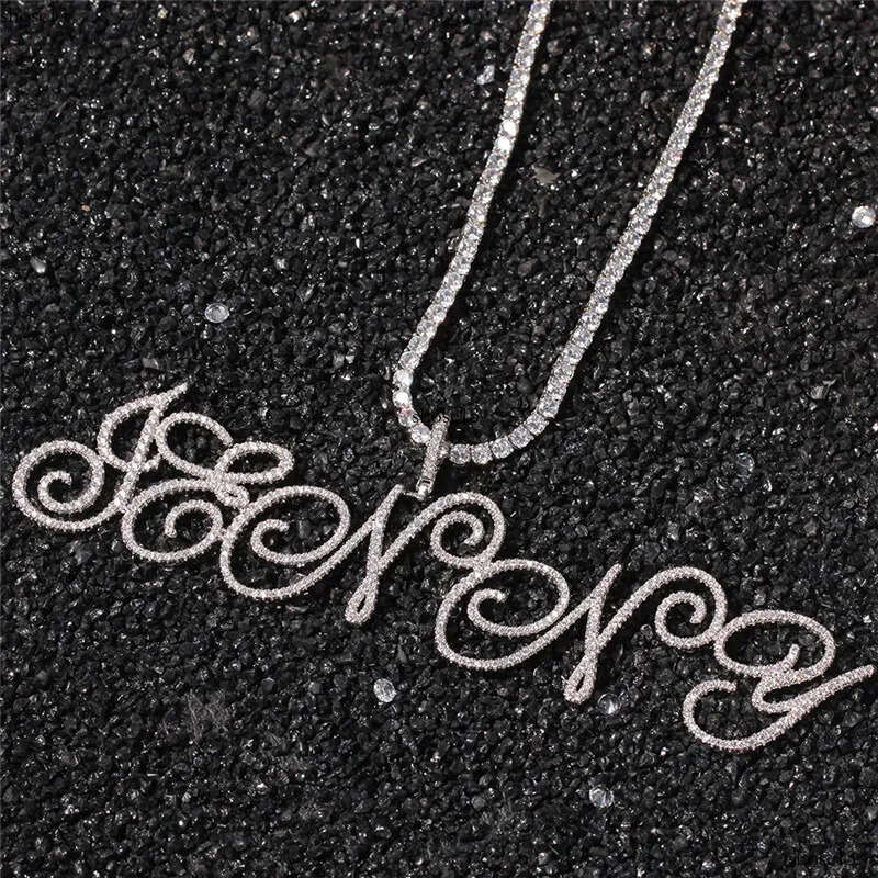 A-Z Custom Name Bubble Letters Necklaces Mens Fashion Hip Hop Jewelry Iced Out Gold Sier Bling CZ Cursive Letter Pendant Necklace with 3mm 24inch Rope